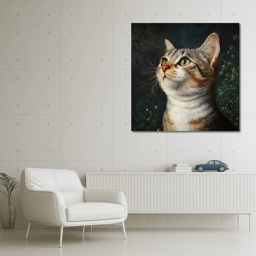 Tabby Cat Portrait Dark Floral Background – Wall Art
