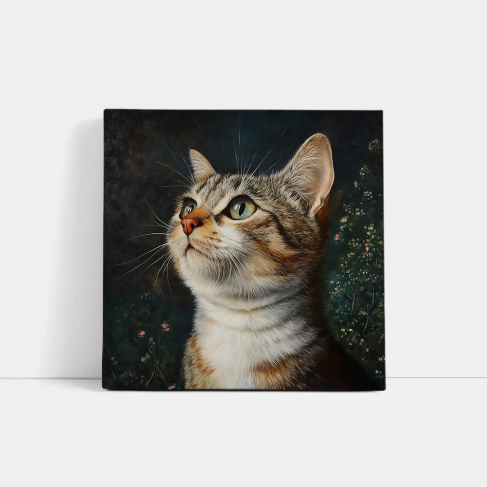 Tabby Cat Portrait Dark Floral Background – Wall Art