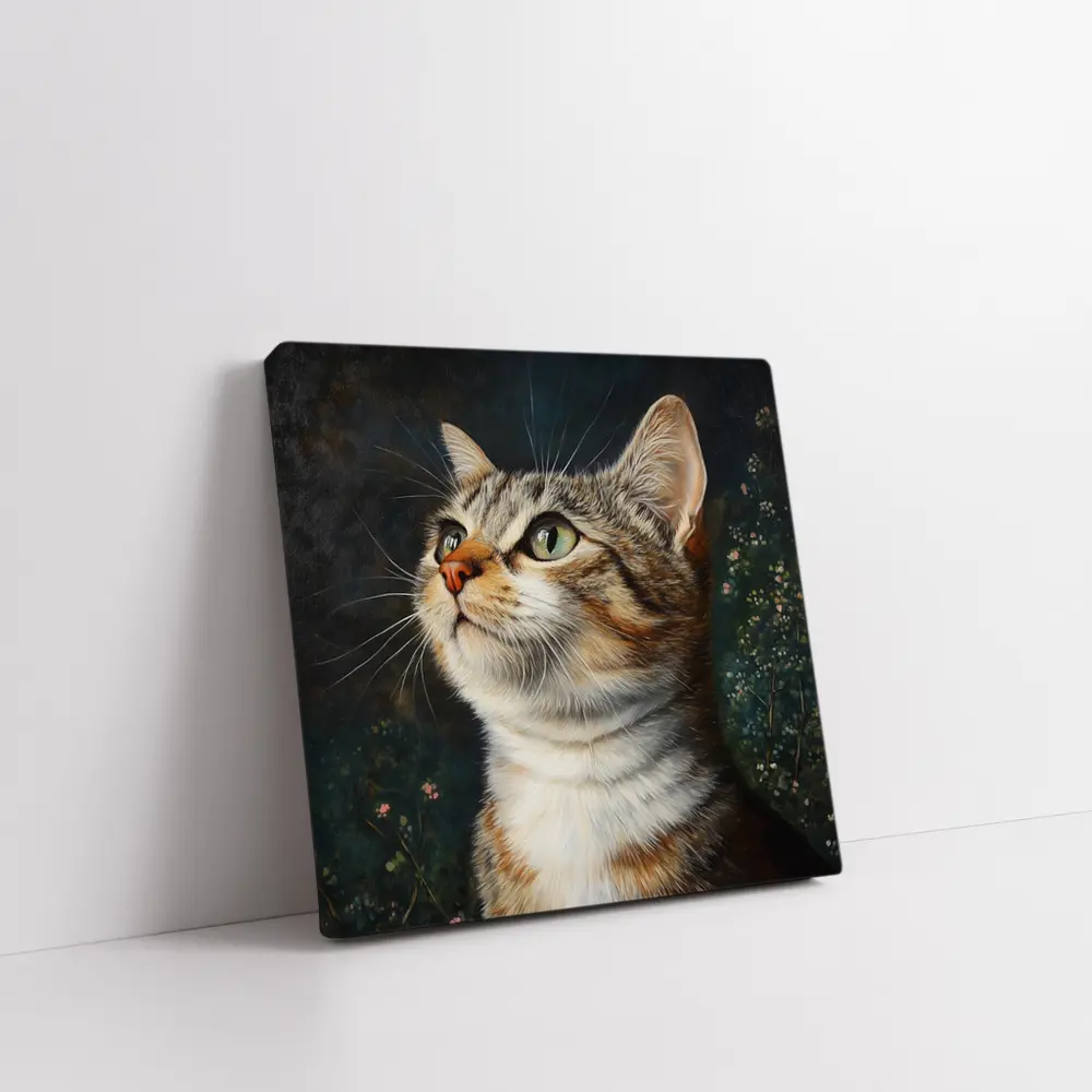 Tabby Cat Portrait Dark Floral Background – Wall Art