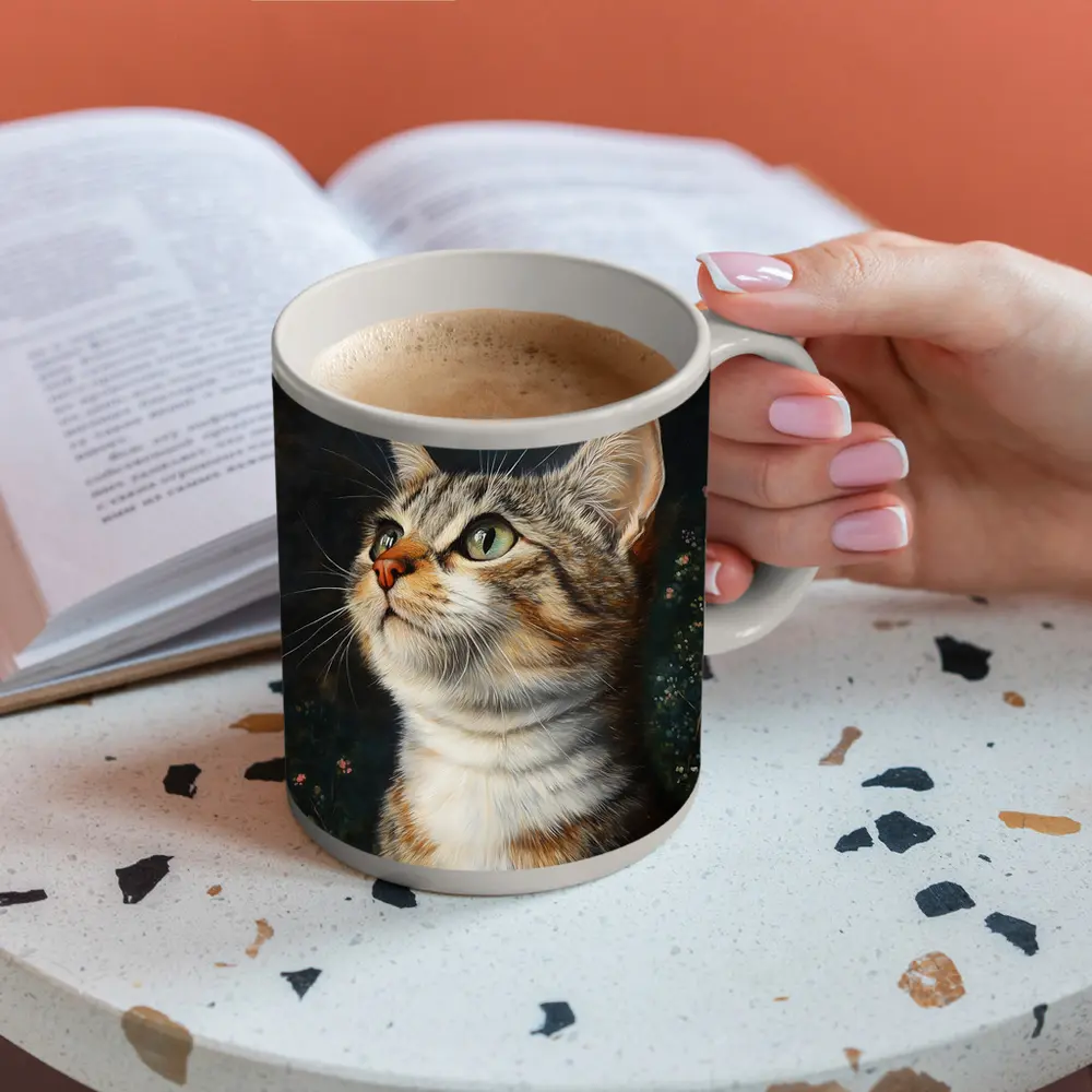 Tabby Cat Portrait Dark Floral Background – Mugs