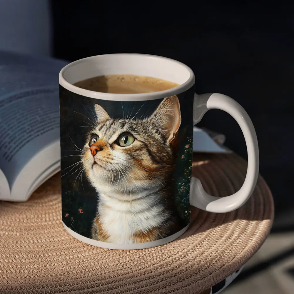 Tabby Cat Portrait Dark Floral Background – Mugs