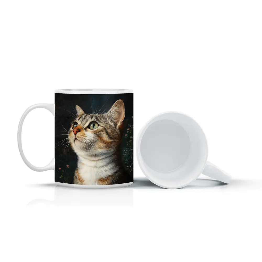 Tabby Cat Portrait Dark Floral Background – Mugs