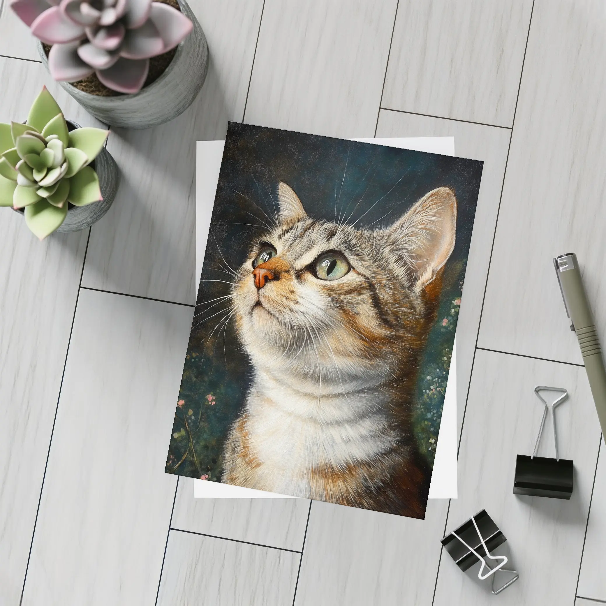 Tabby Cat Portrait Dark Floral Background – Postcards