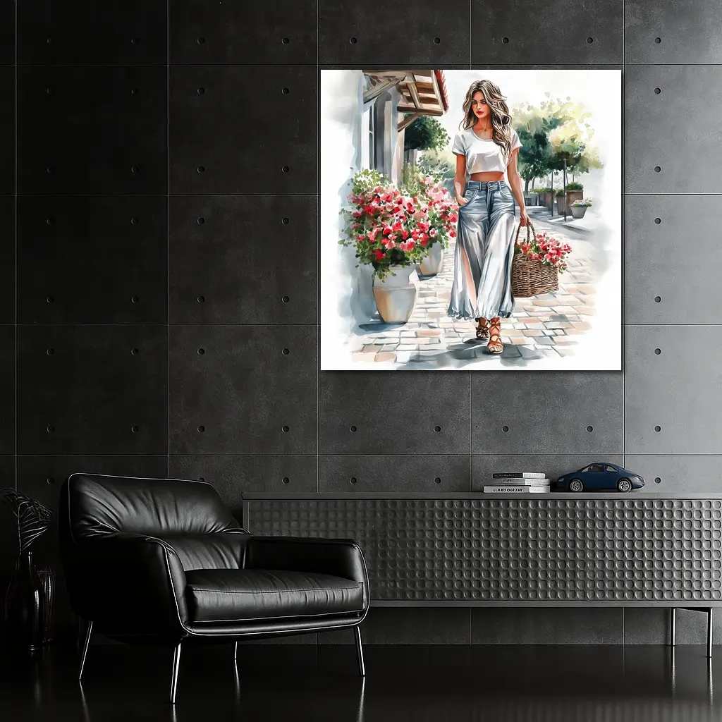 Fashion Woman Walking Street Watercolor Art – Wall Art