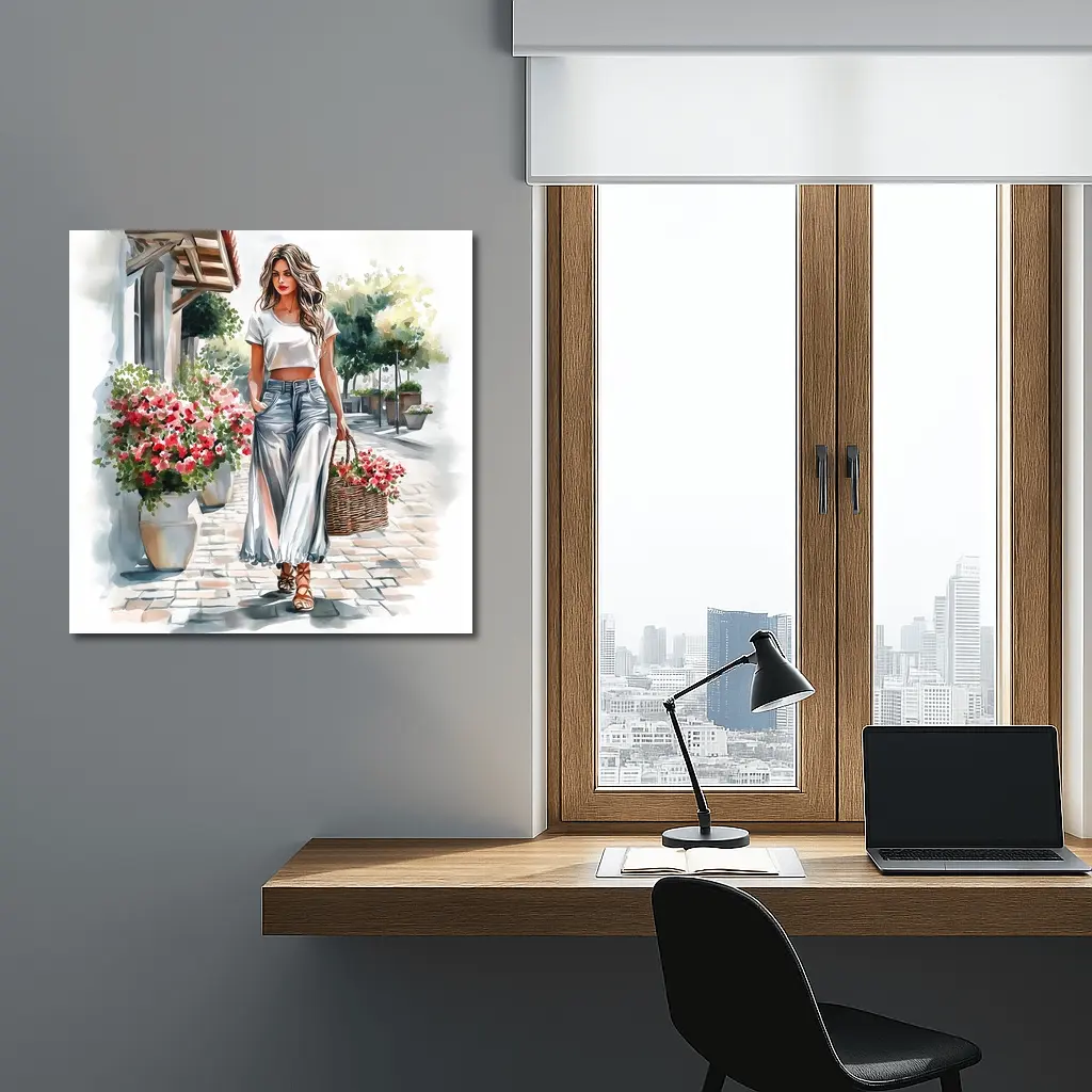 Fashion Woman Walking Street Watercolor Art – Wall Art