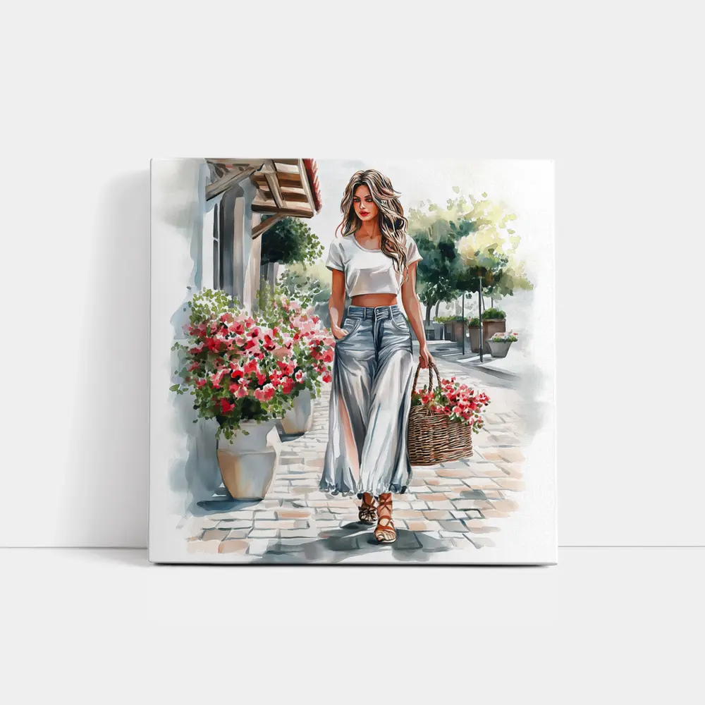 Fashion Woman Walking Street Watercolor Art – Wall Art