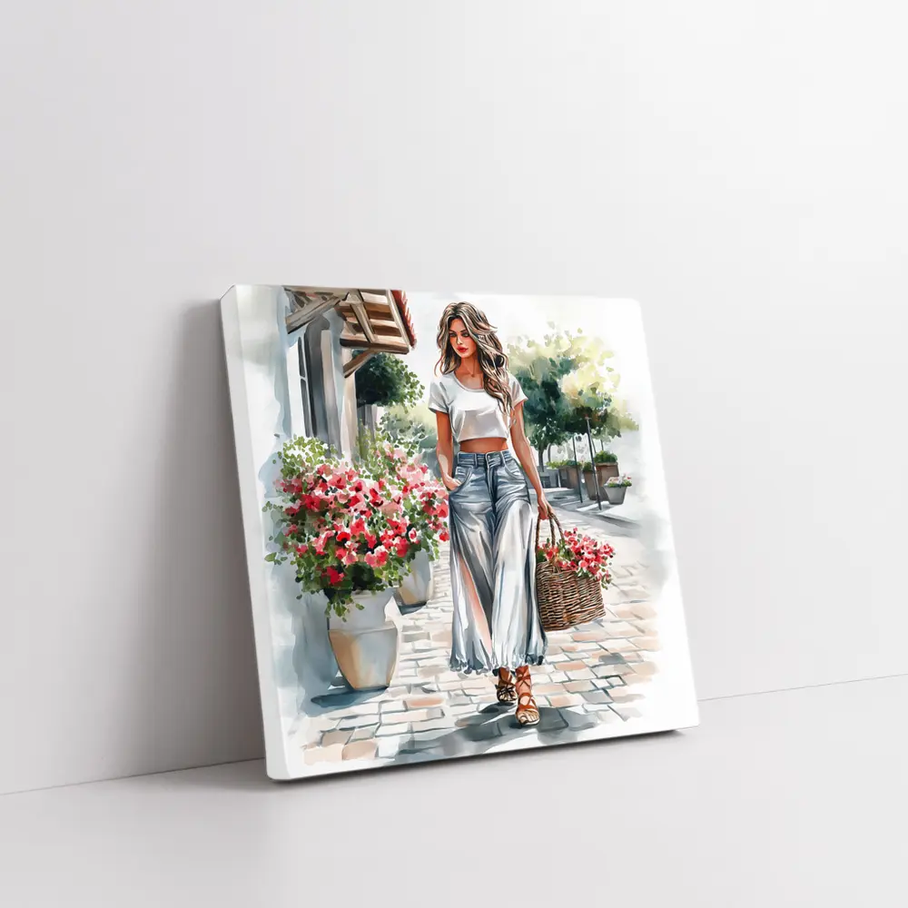 Fashion Woman Walking Street Watercolor Art – Wall Art