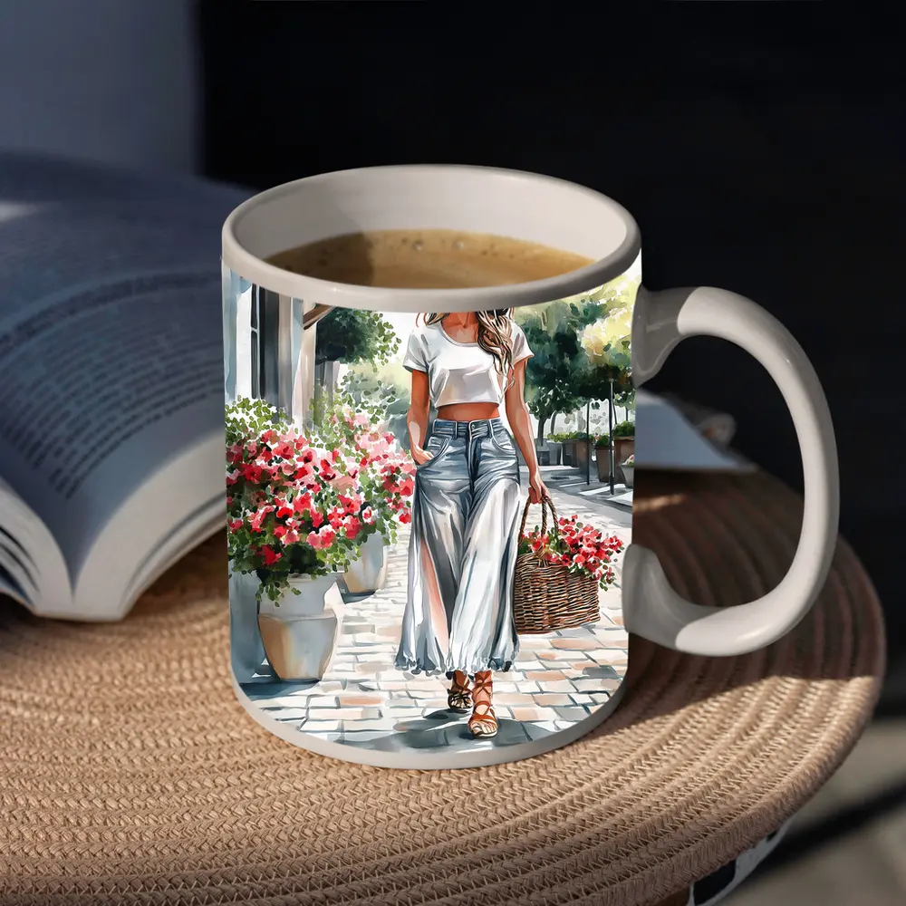 Fashion Woman Walking Street Watercolor Art – Mugs