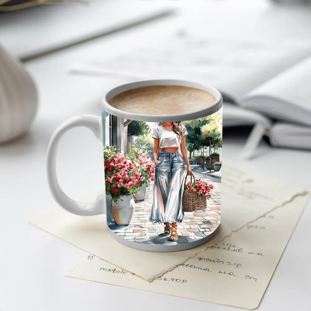 Fashion Woman Walking Street Watercolor Art – Mugs