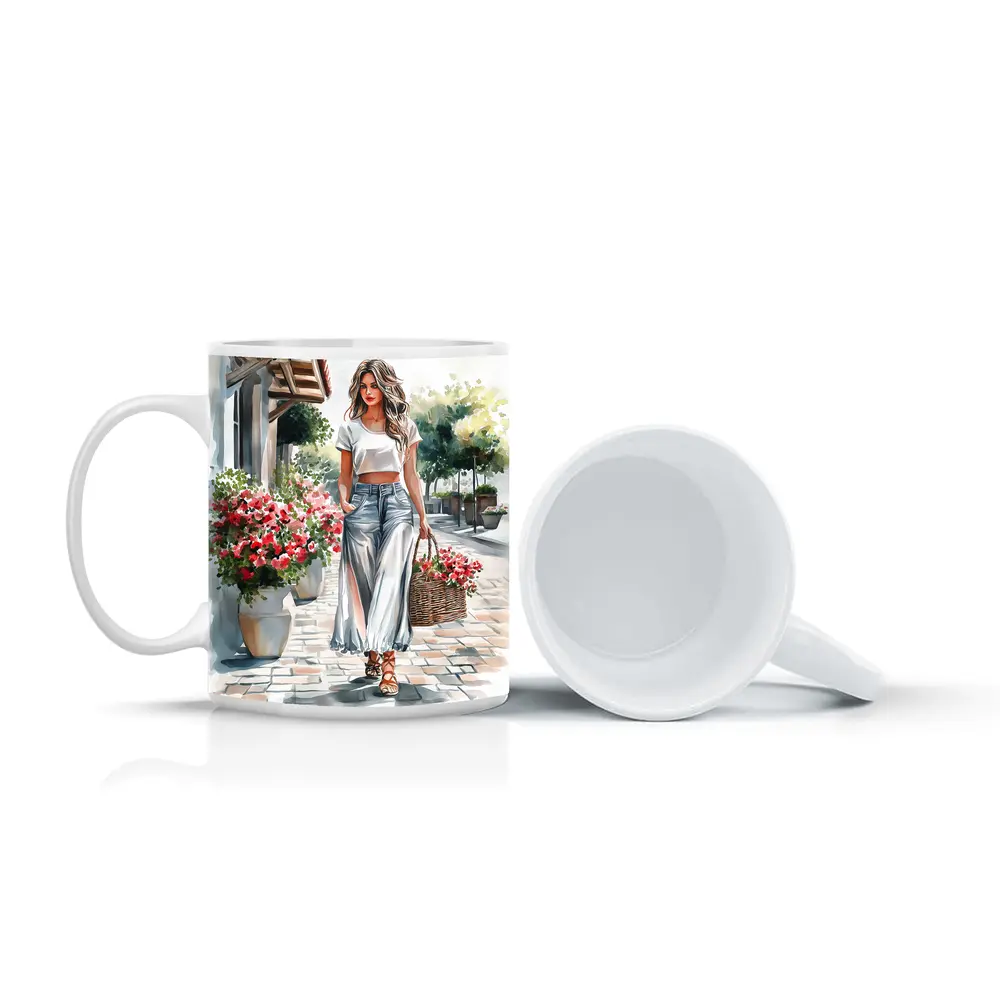 Fashion Woman Walking Street Watercolor Art – Mugs