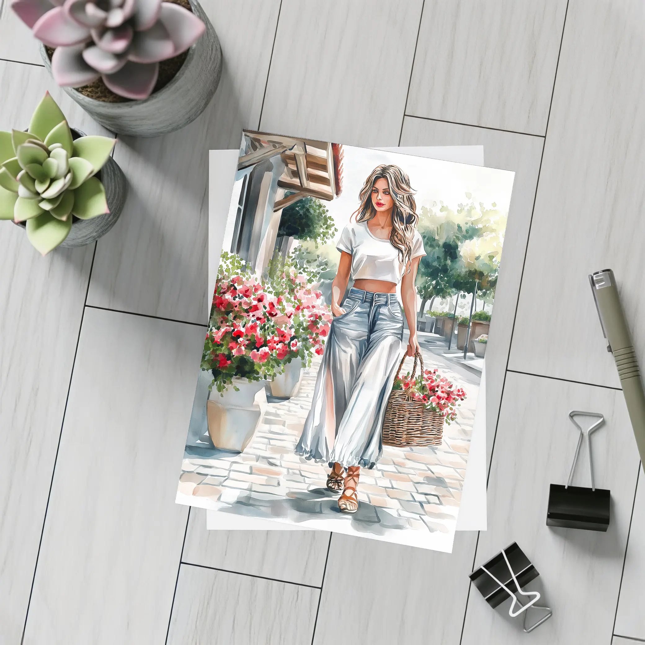 Fashion Woman Walking Street Watercolor Art – Postcards