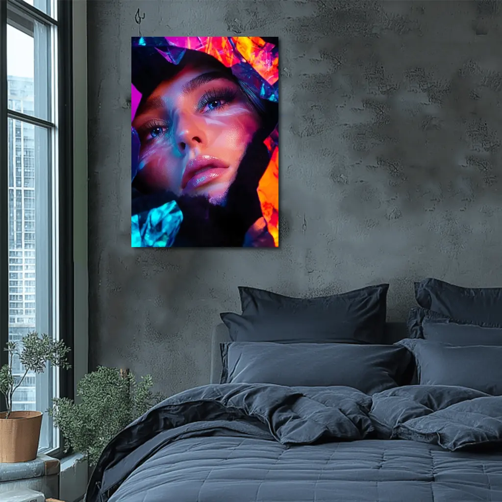Neon Holographic Woman Portrait Bold Colors – Wall Art