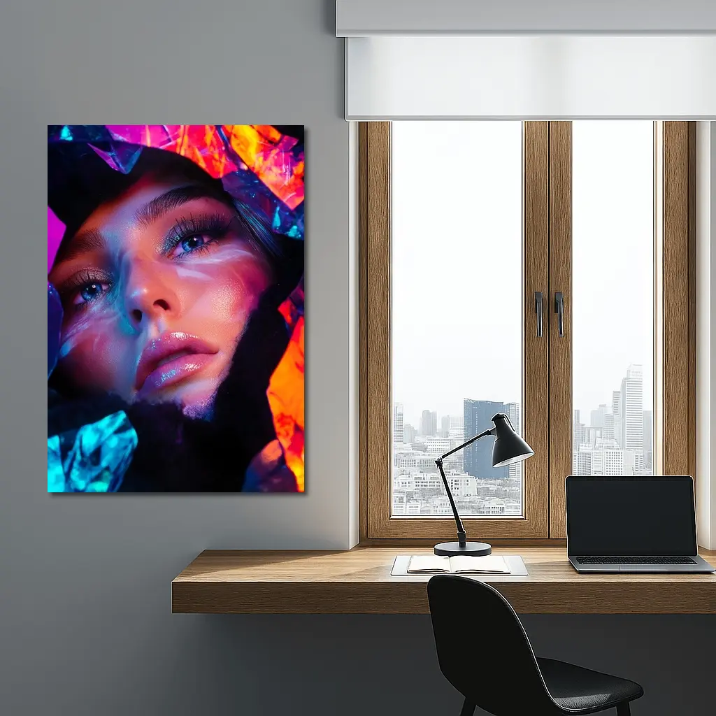 Neon Holographic Woman Portrait Bold Colors – Wall Art