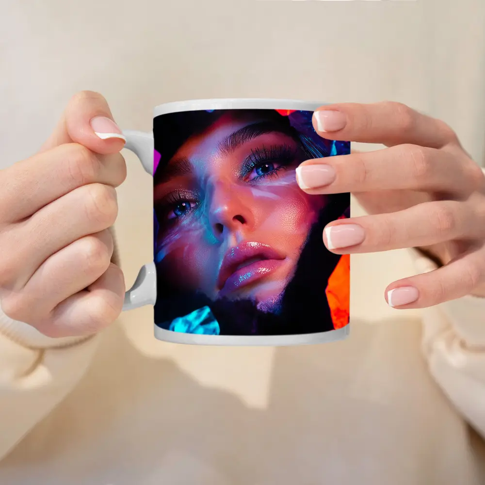 Neon Holographic Woman Portrait Bold Colors – Mugs