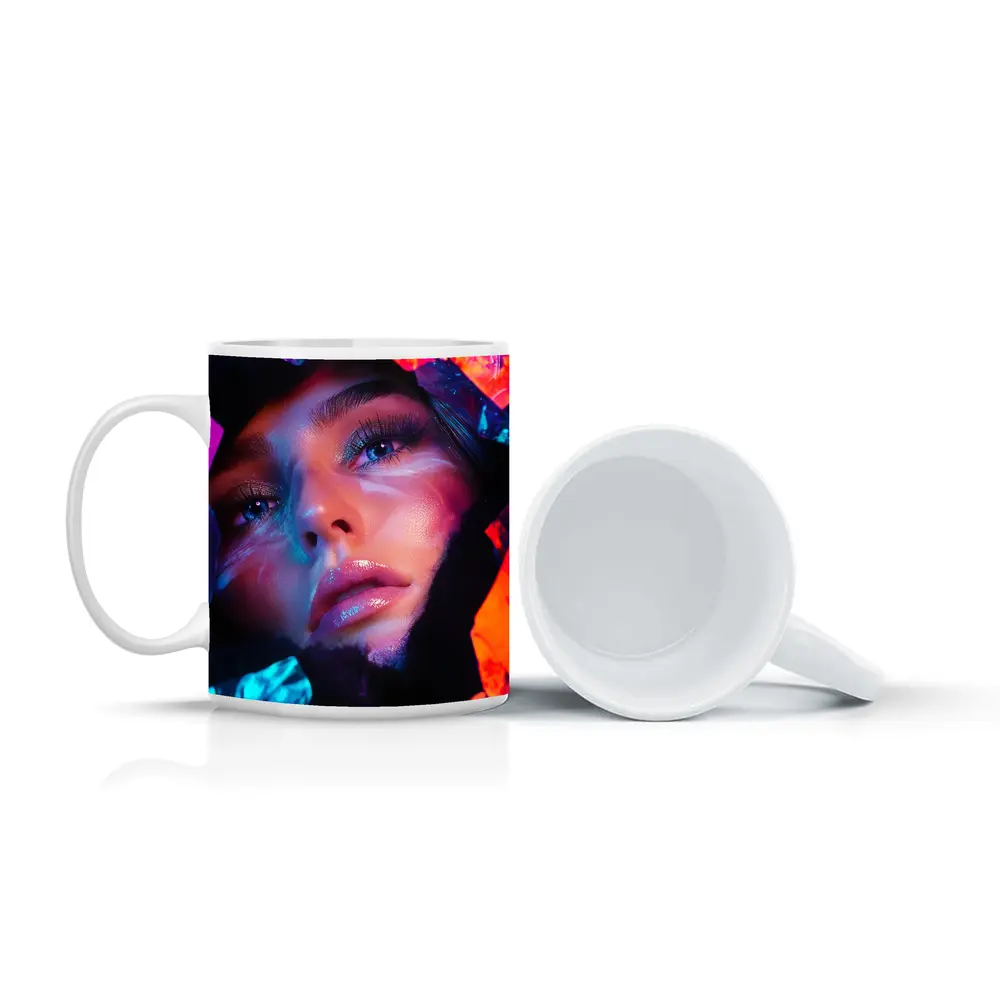 Neon Holographic Woman Portrait Bold Colors – Mugs