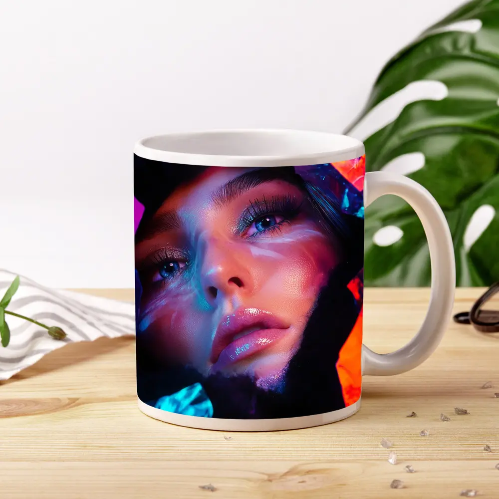 Neon Holographic Woman Portrait Bold Colors – Mugs
