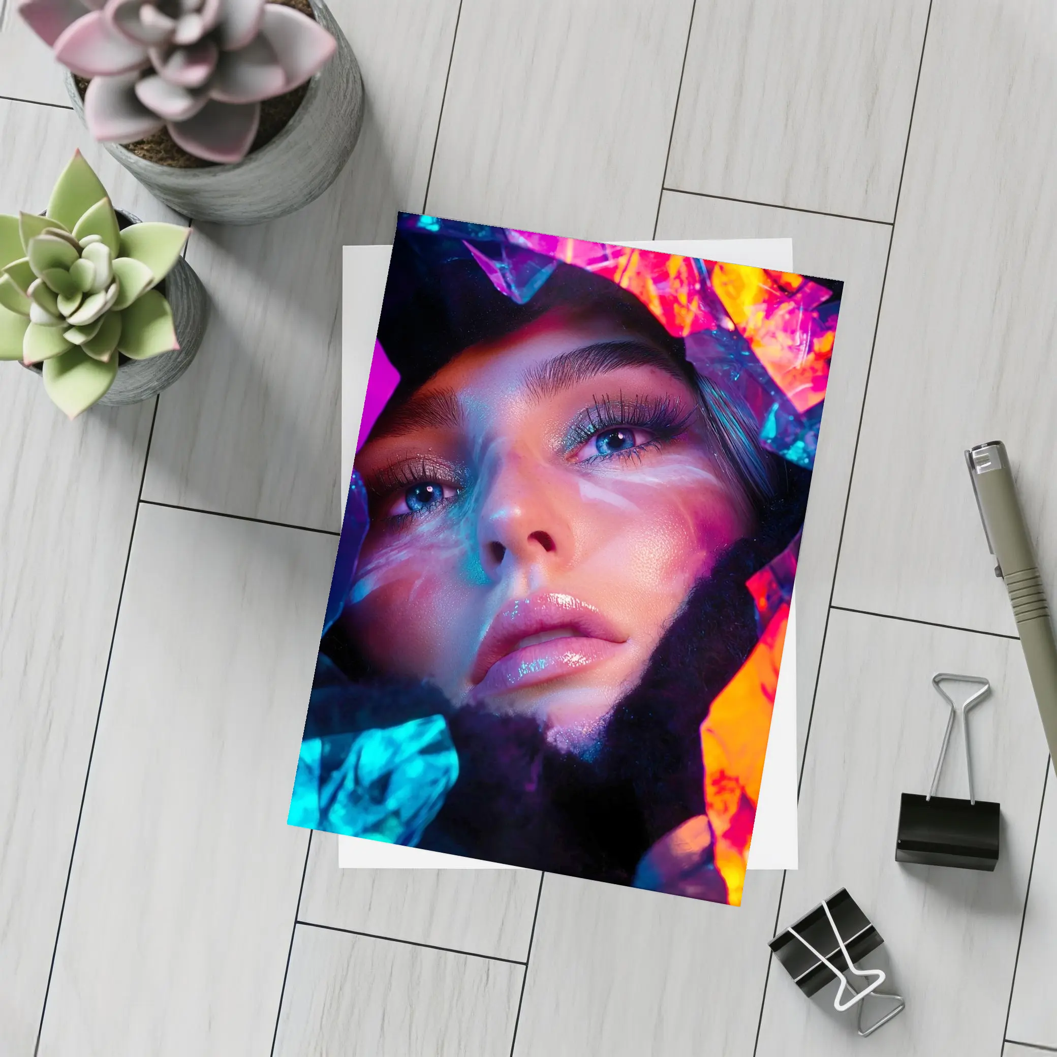Neon Holographic Woman Portrait Bold Colors – Postcards