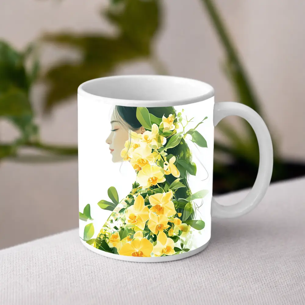 Woman Silhouette Double Exposure Yellow Orchids – Mugs
