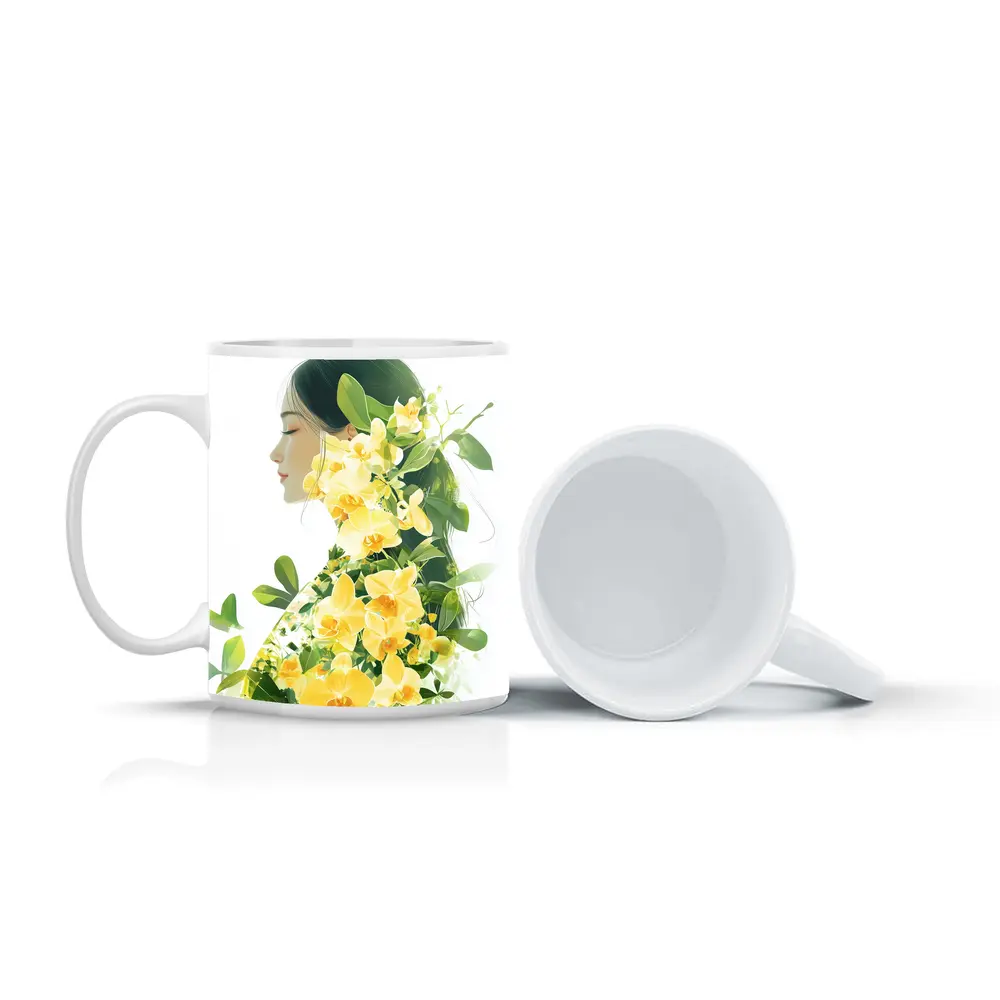 Woman Silhouette Double Exposure Yellow Orchids – Mugs