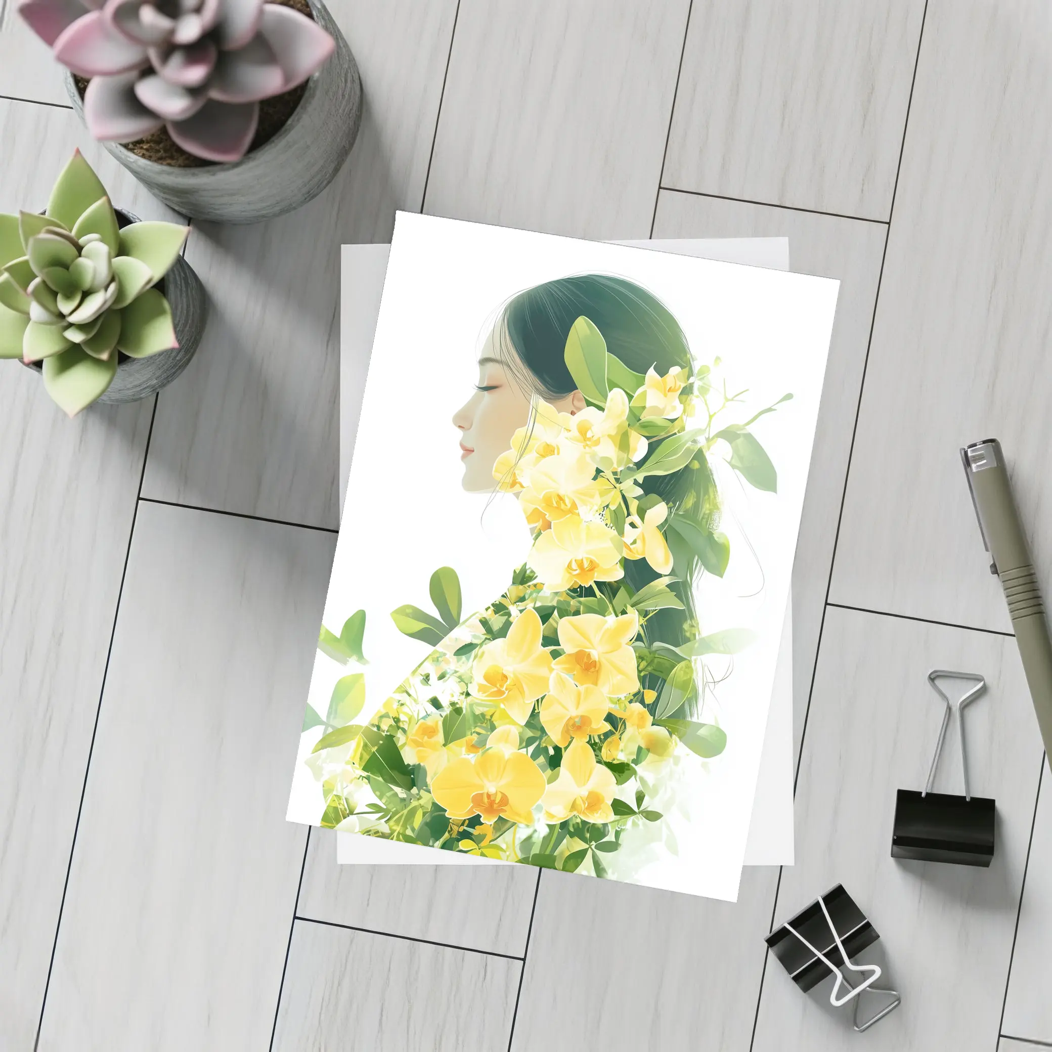 Woman Silhouette Double Exposure Yellow Orchids – Postcards