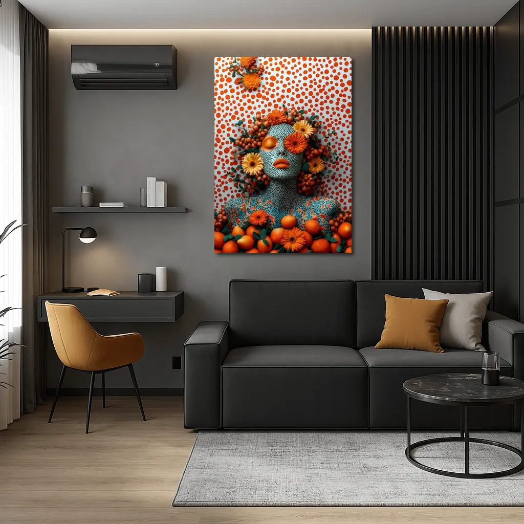 Orange Floral Woman Pop Art Dotted Background – Wall Art