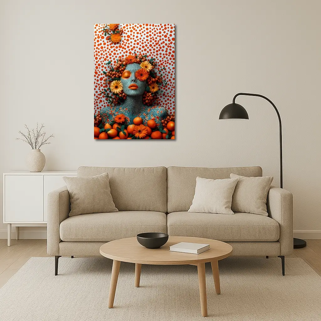 Orange Floral Woman Pop Art Dotted Background – Wall Art