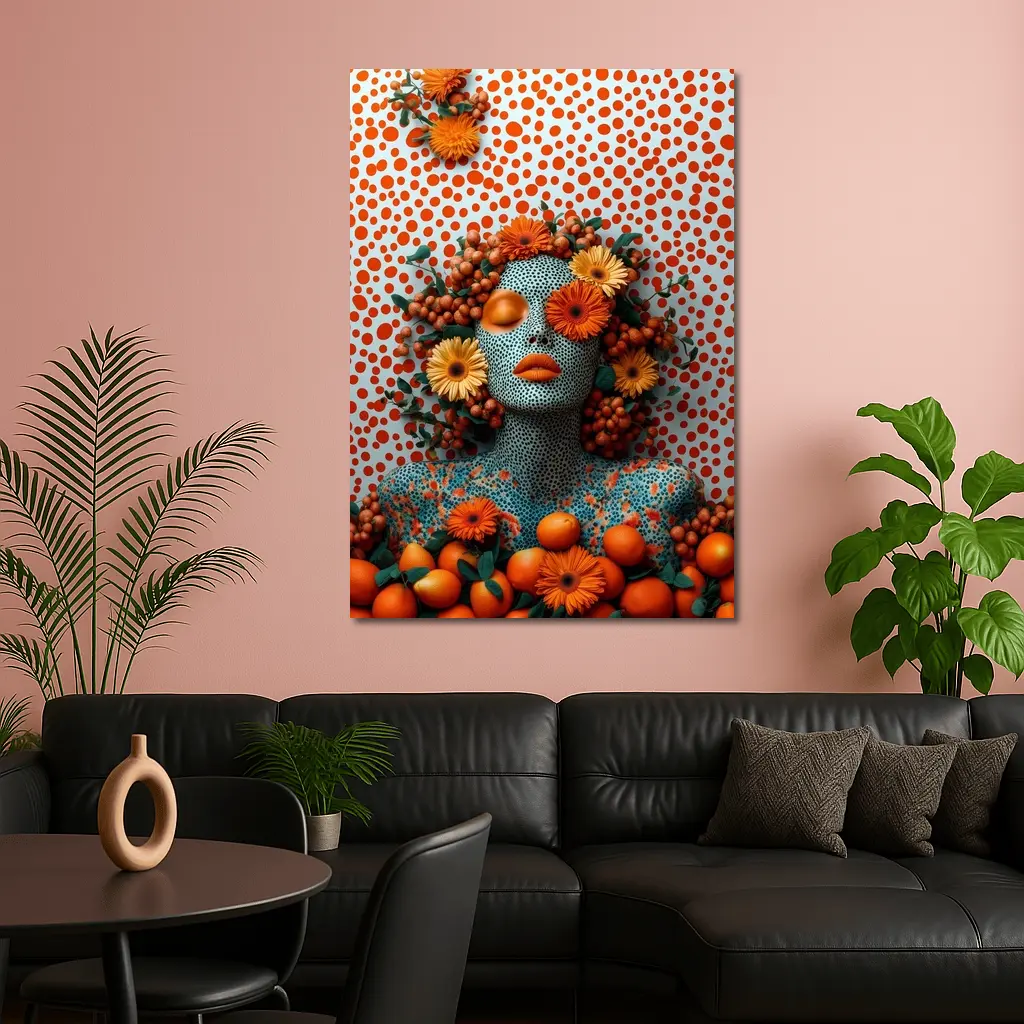 Orange Floral Woman Pop Art Dotted Background – Wall Art