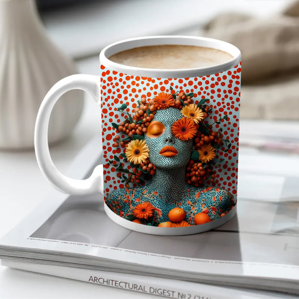Orange Floral Woman Pop Art Dotted Background – Mugs