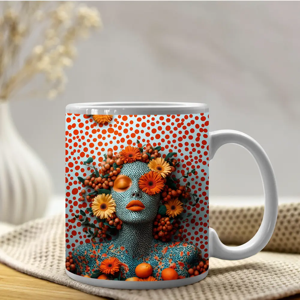 Orange Floral Woman Pop Art Dotted Background – Mugs