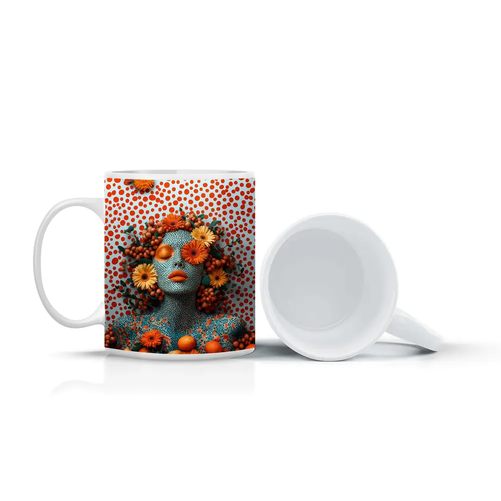 Orange Floral Woman Pop Art Dotted Background – Mugs
