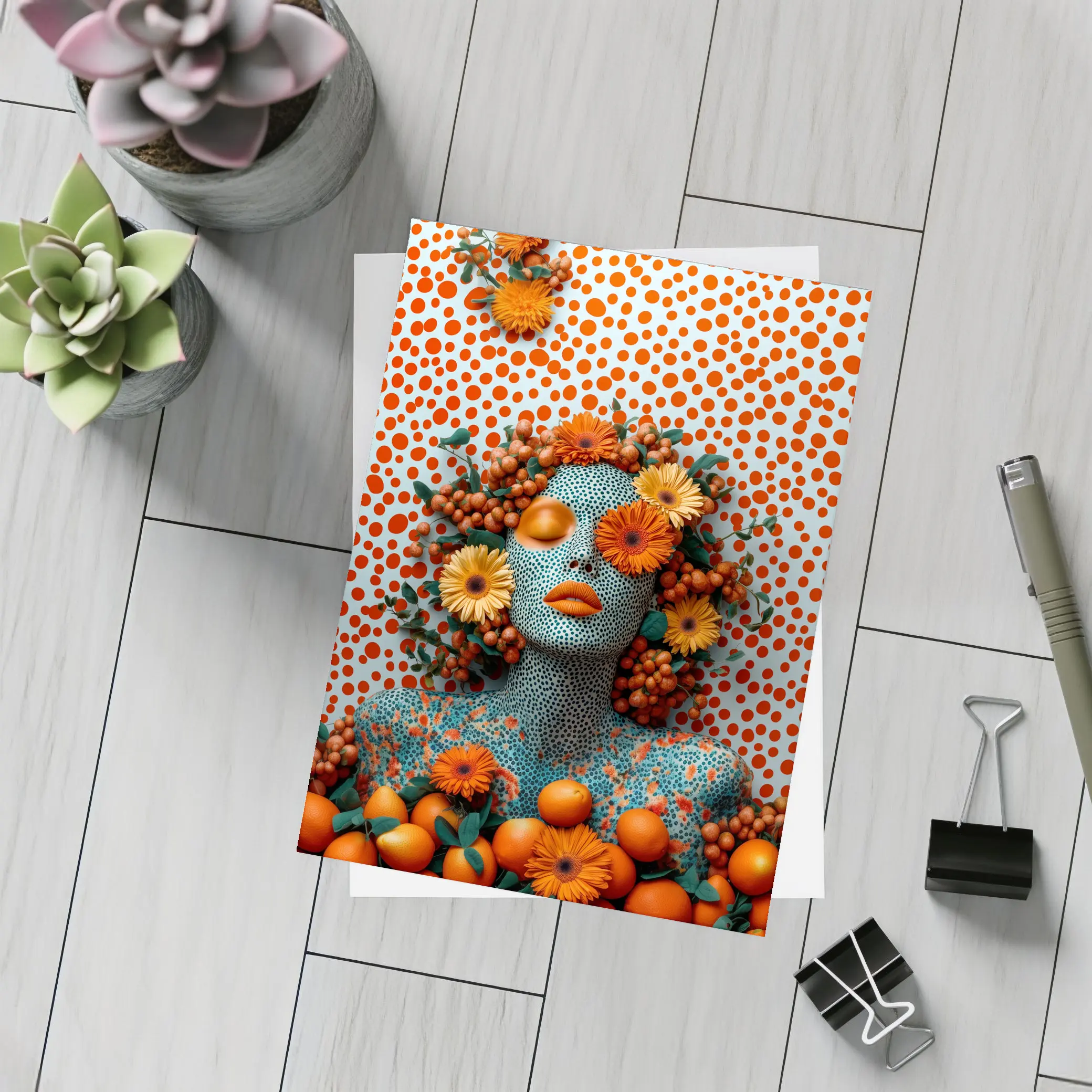 Orange Floral Woman Pop Art Dotted Background – Postcards