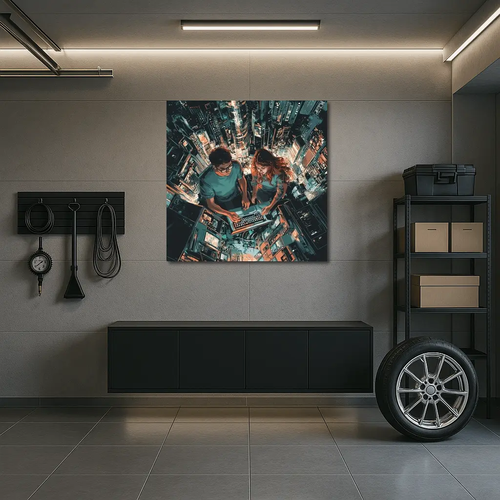 Two People Working Laptop Night City – Wall Art