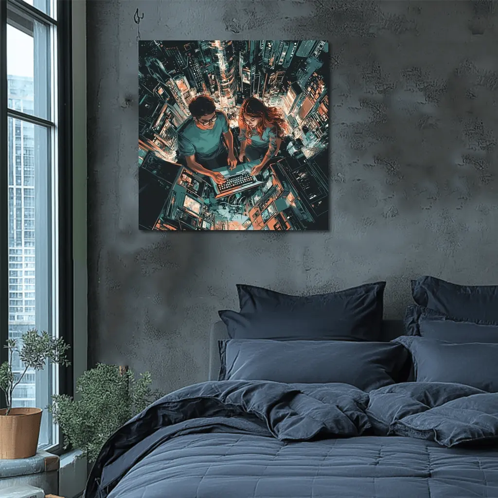 Two People Working Laptop Night City – Wall Art
