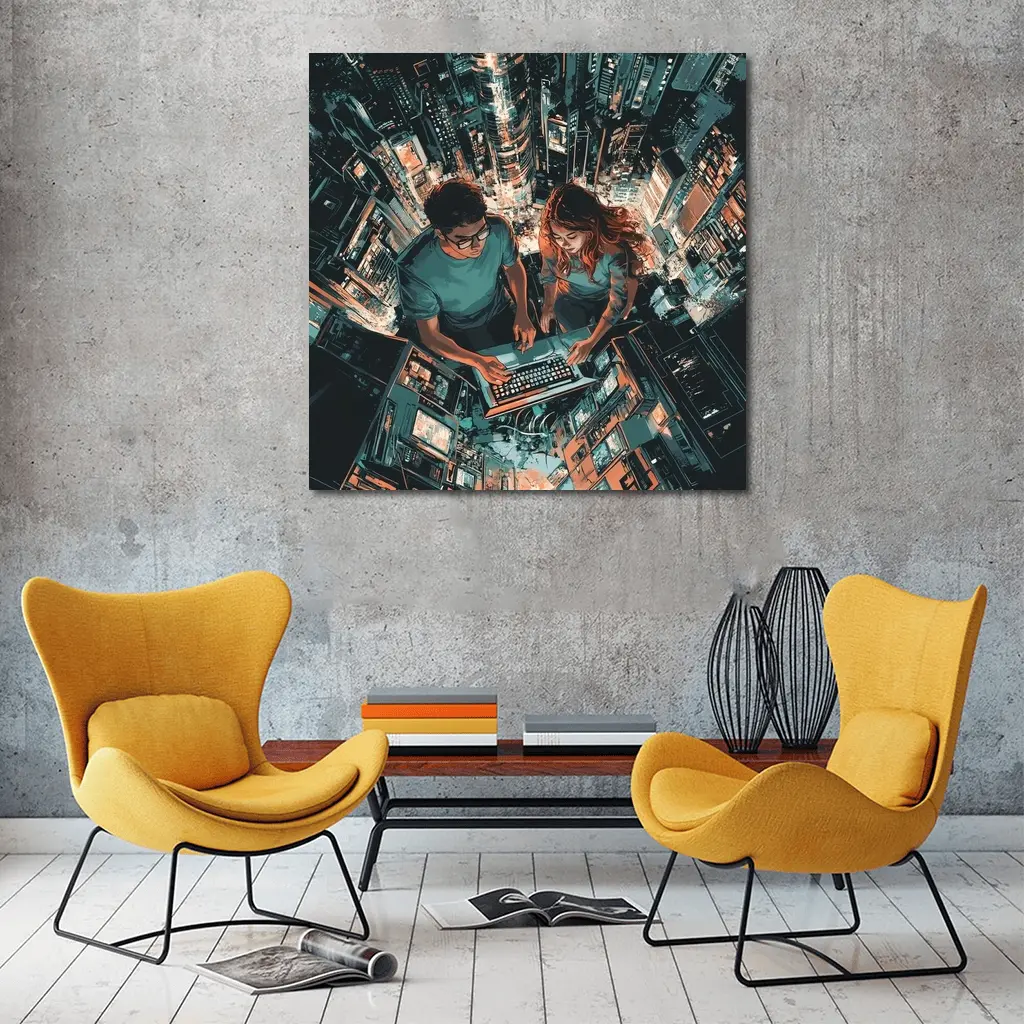 Two People Working Laptop Night City – Wall Art