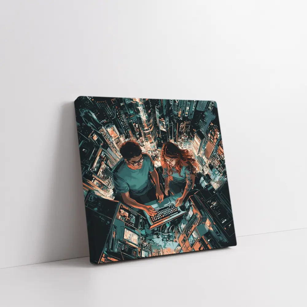 Two People Working Laptop Night City – Wall Art