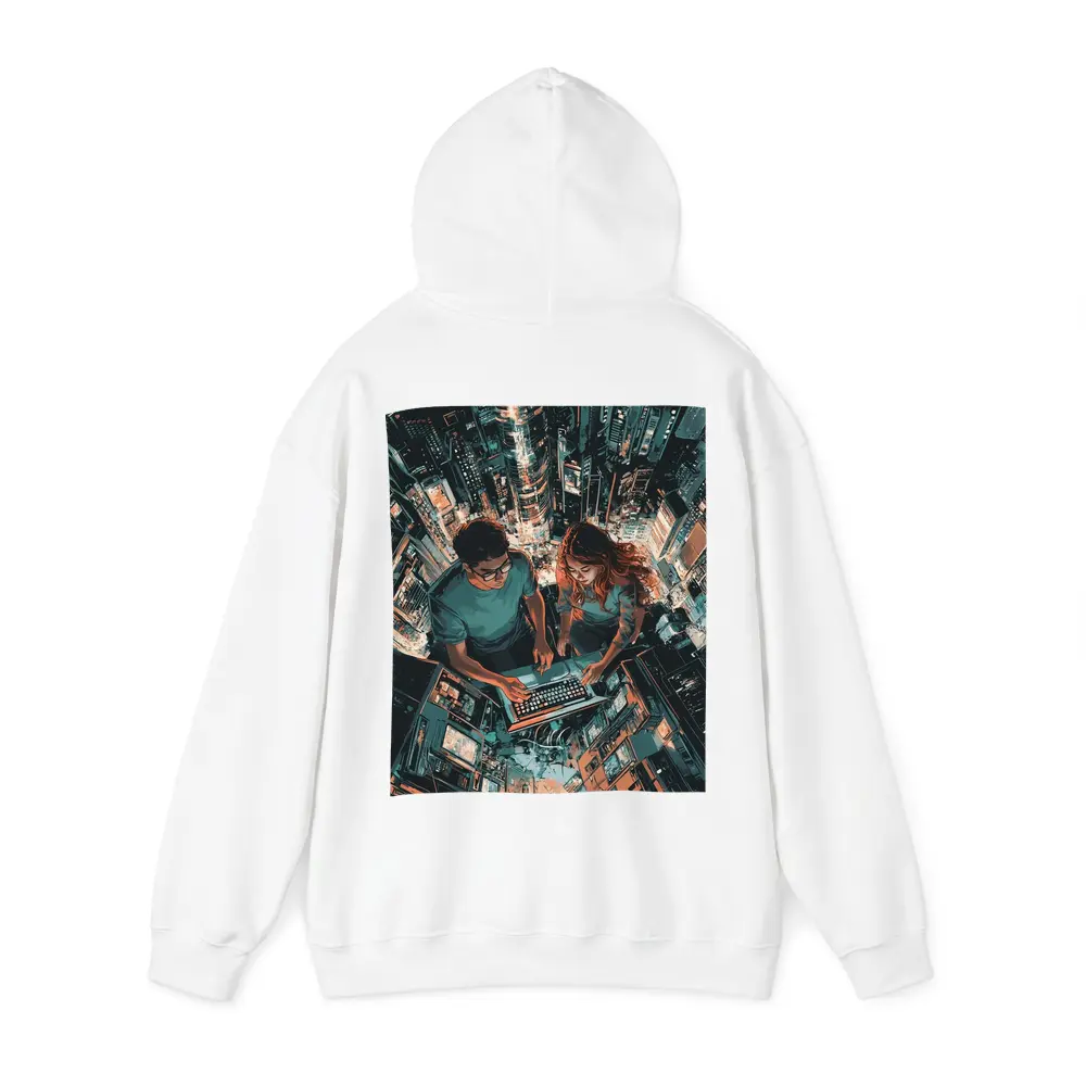 Two People Working Laptop Night City – Hoodies