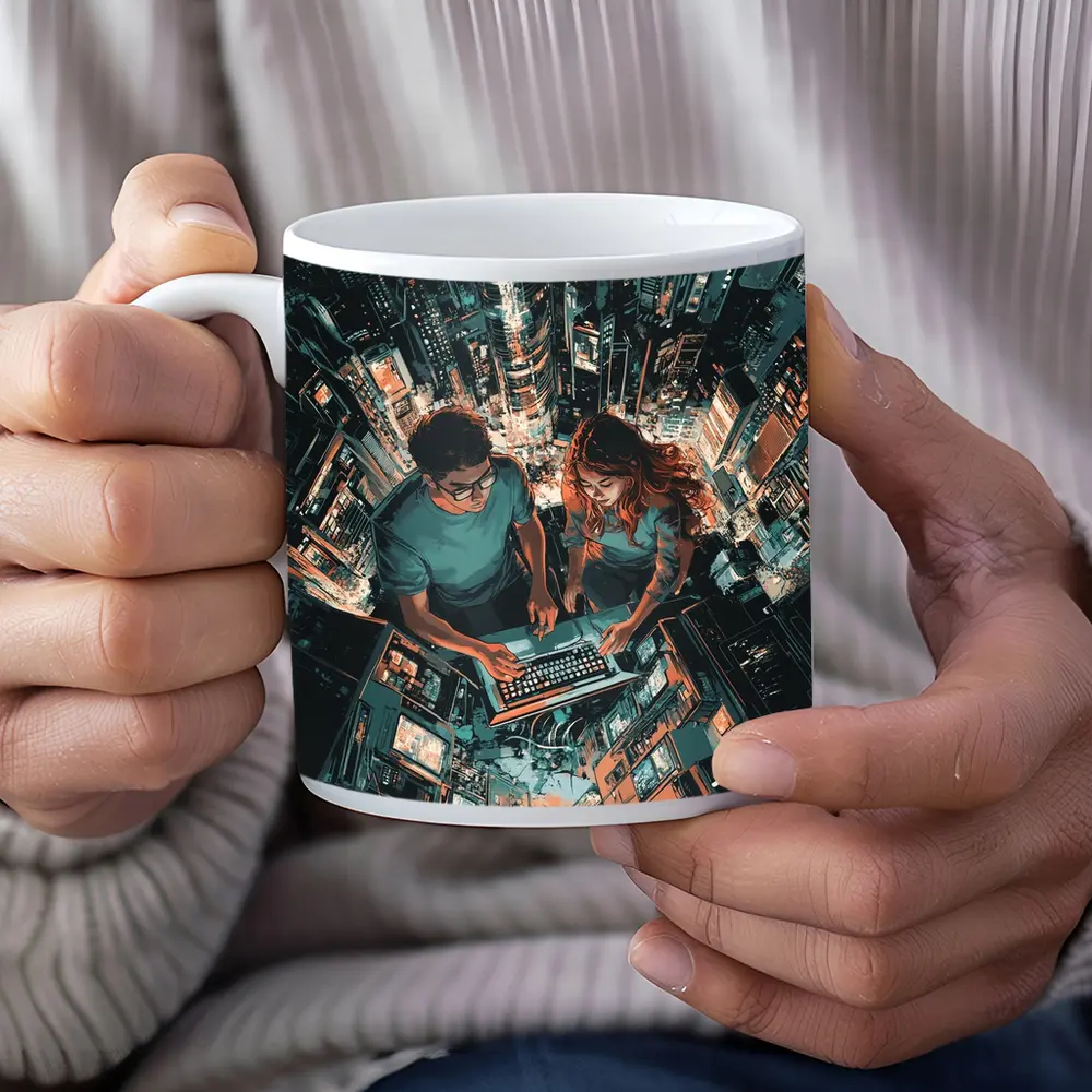 Two People Working Laptop Night City – Mugs