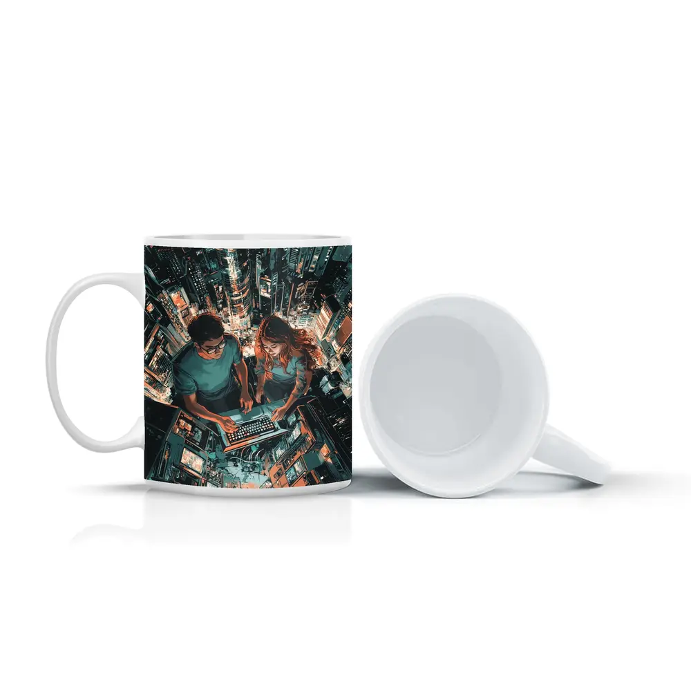 Two People Working Laptop Night City – Mugs