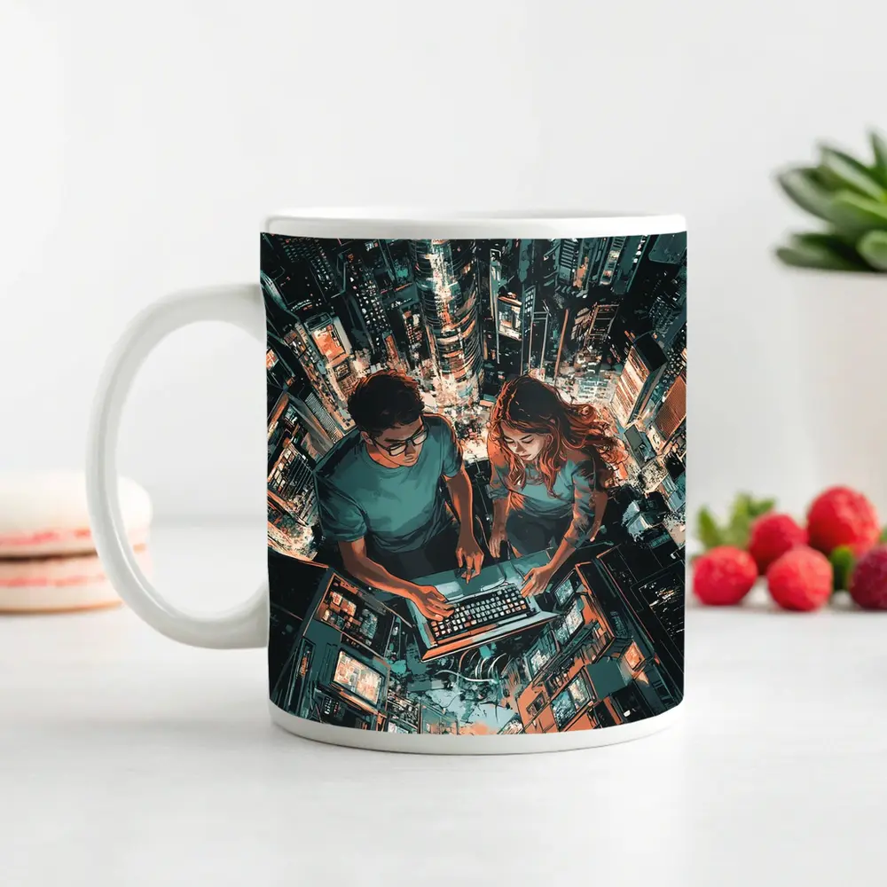 Two People Working Laptop Night City – Mugs