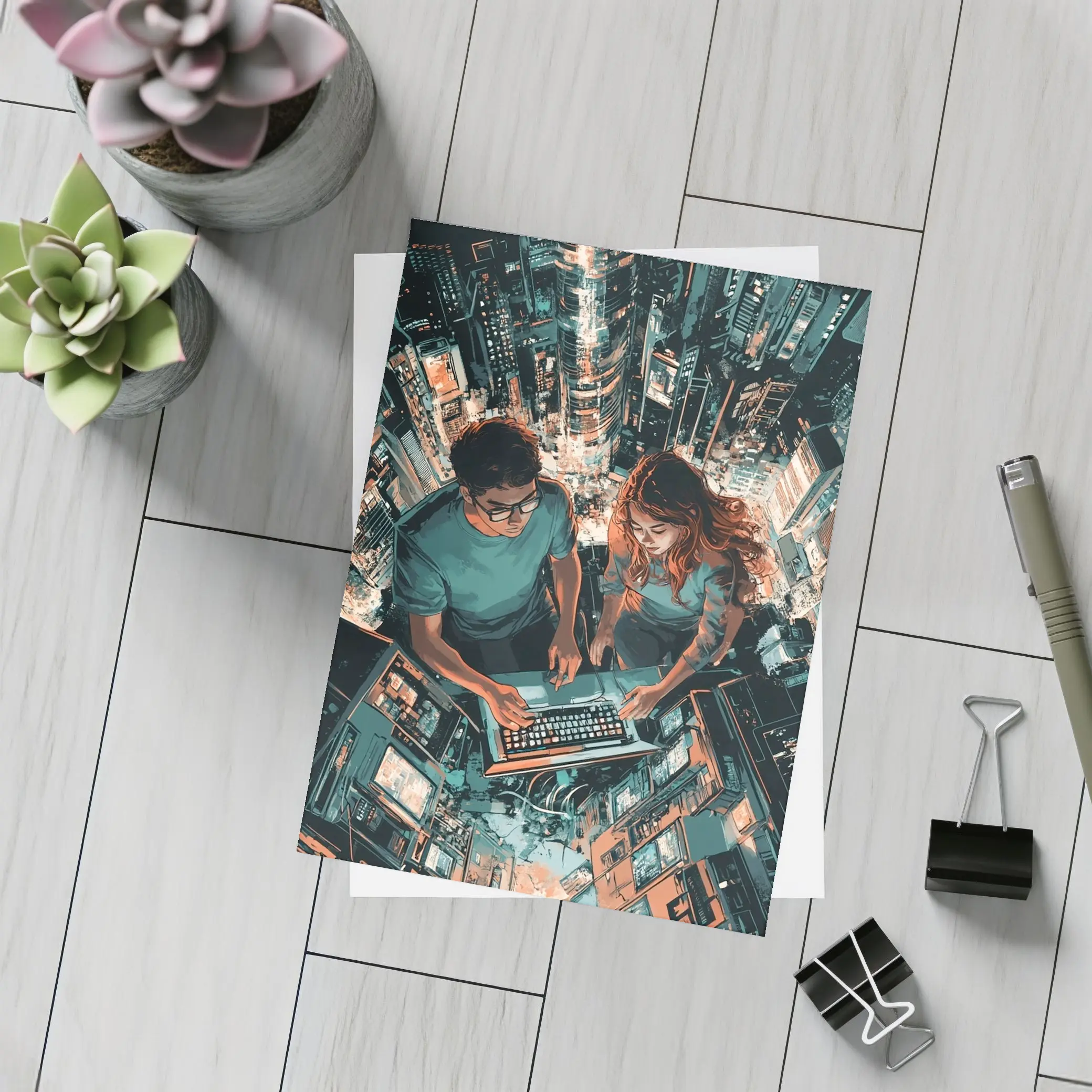 Two People Working Laptop Night City – Postcards