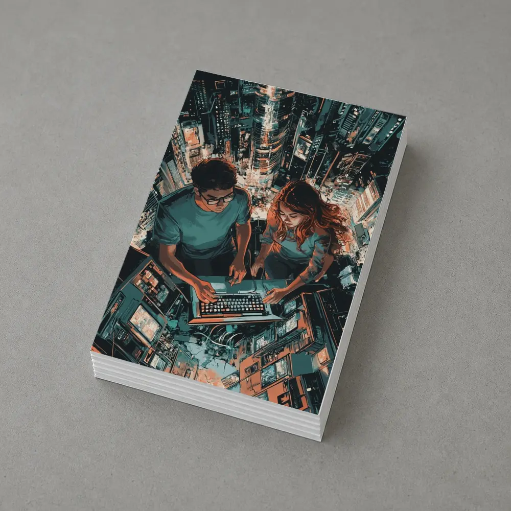 Two People Working Laptop Night City – Postcards