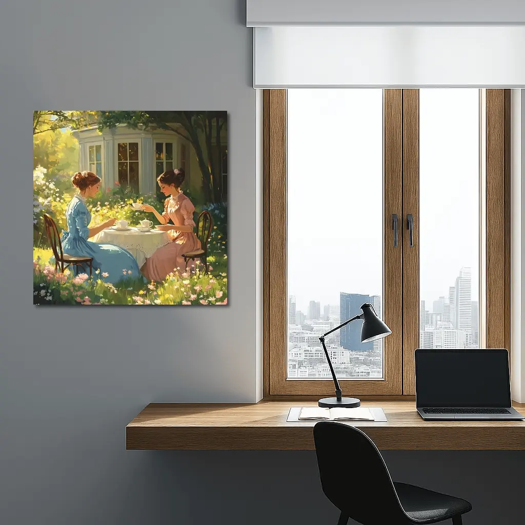 Two Women Garden Tea Party Illustration – Wall Art