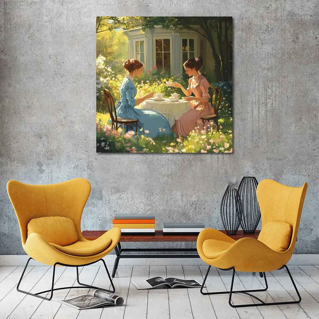 Two Women Garden Tea Party Illustration – Wall Art