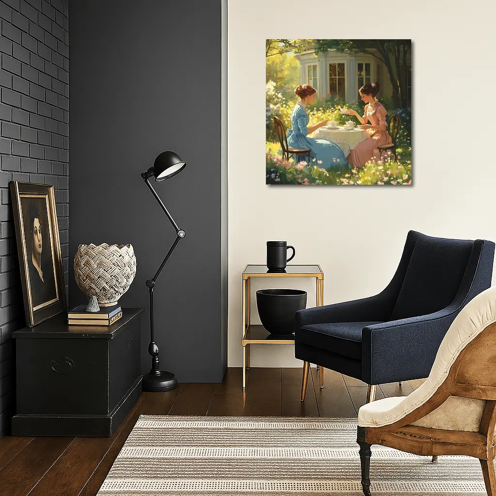 Two Women Garden Tea Party Illustration – Wall Art