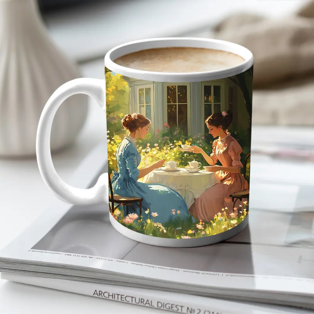 Two Women Garden Tea Party Illustration – Mugs