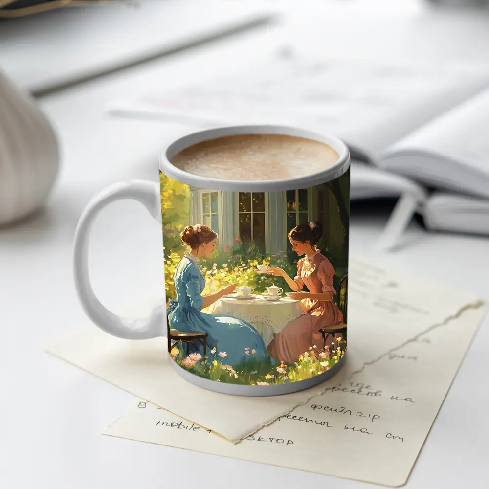 Two Women Garden Tea Party Illustration – Mugs