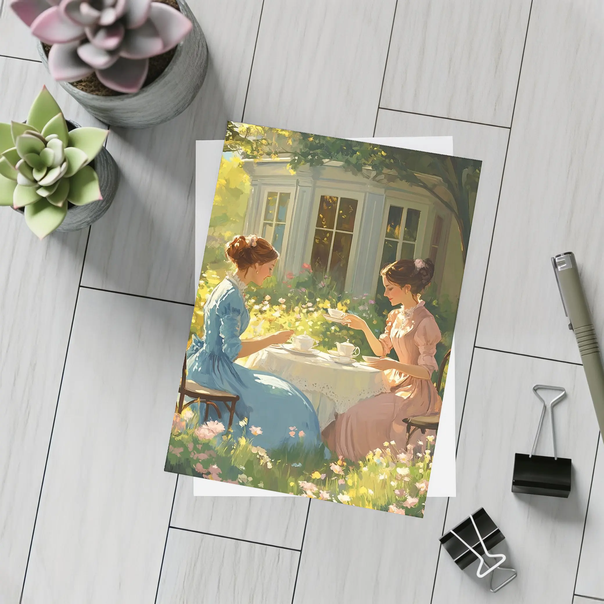 Two Women Garden Tea Party Illustration – Postcards