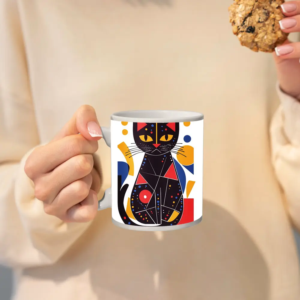 Black Cat Abstract Geometric Colorful Art – Mugs