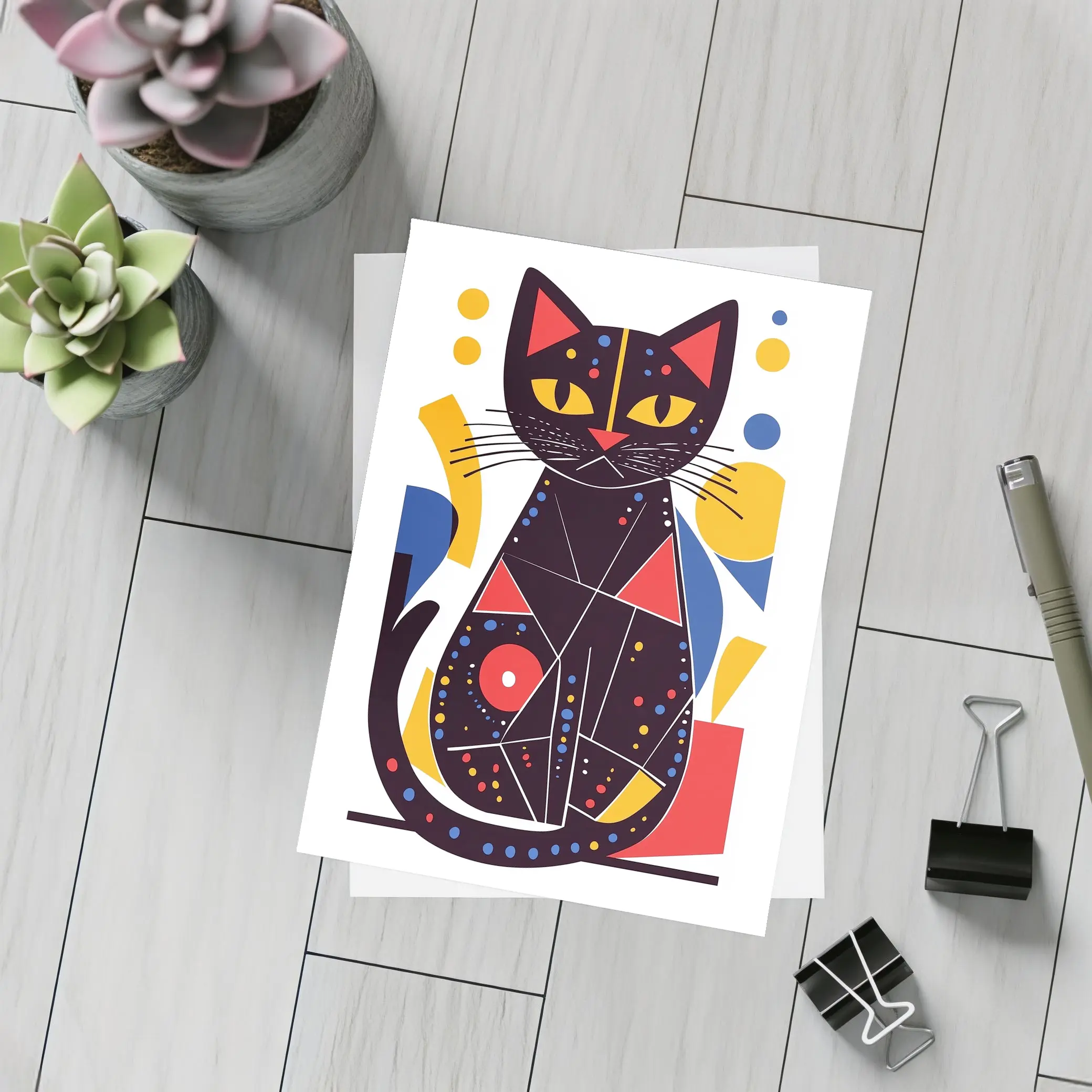 Black Cat Abstract Geometric Colorful Art – Postcards