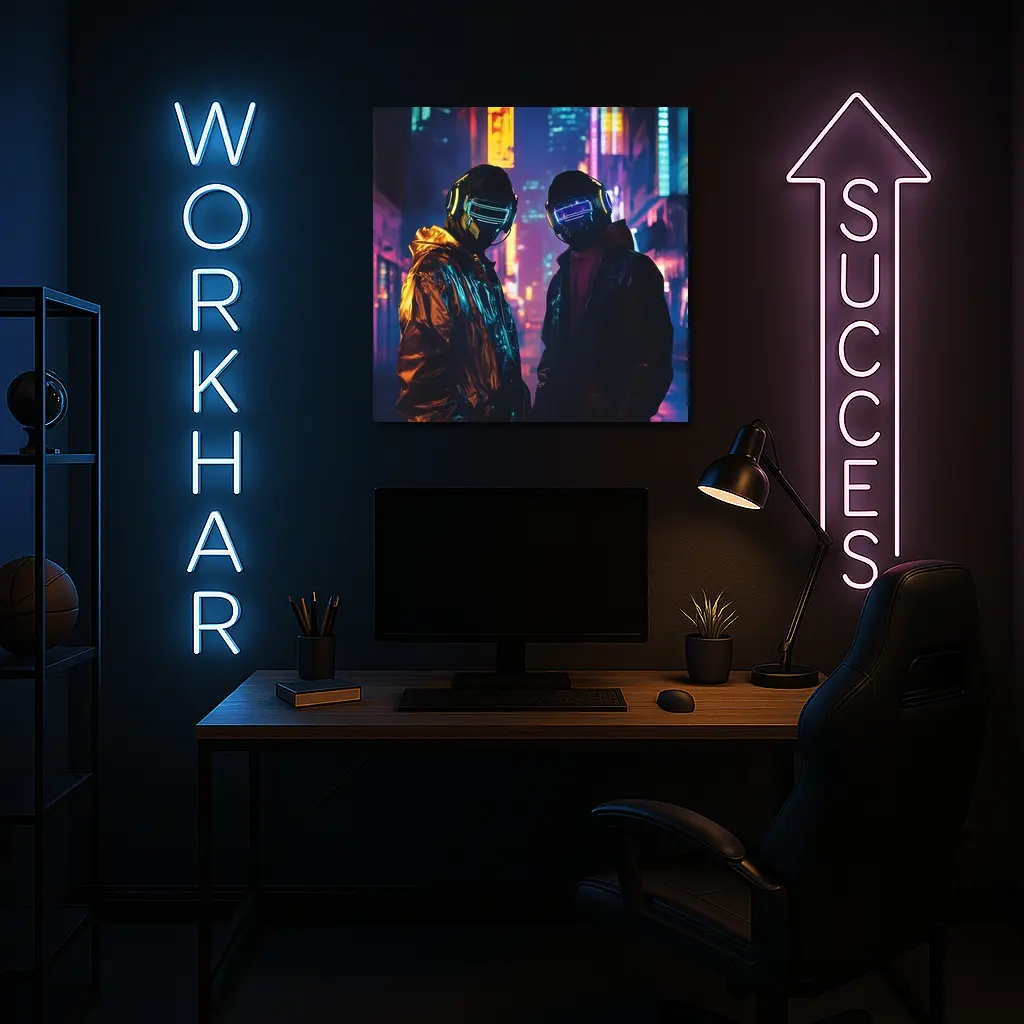 Two Cyberpunk Figures Neon City Night – Wall Art